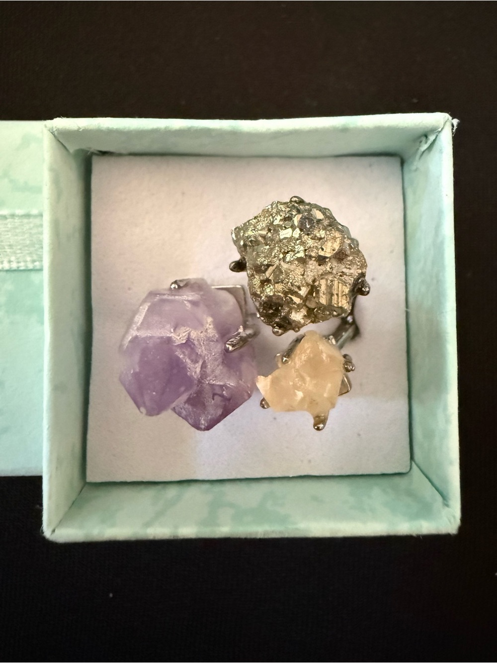 Authentic adjustable Raw Stone Trio Statement Ring - Amethyst, Pyrite & Citrine